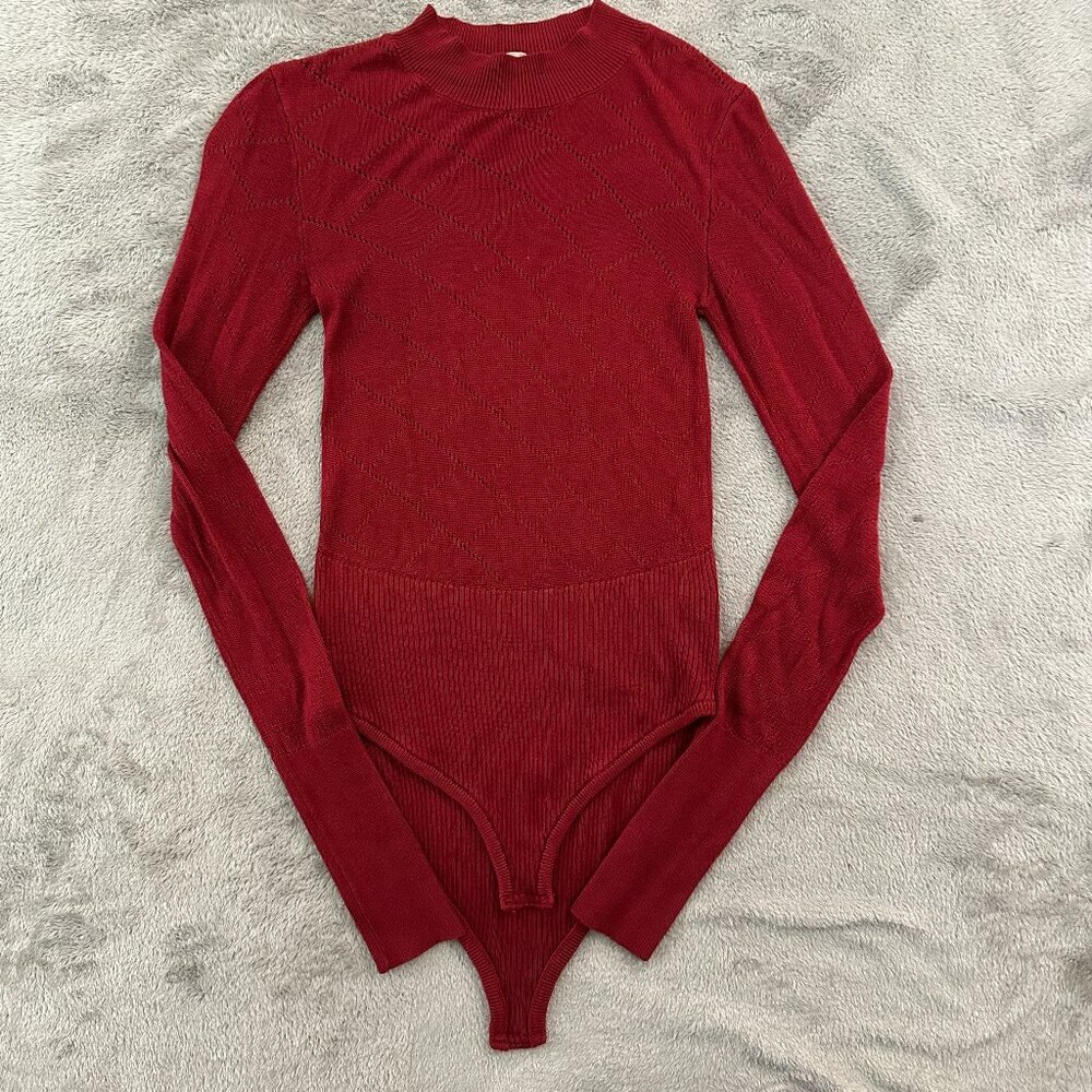 Intimately Free People Pointelle Long Sleeve Bodysuit SMALL Burgundy Red